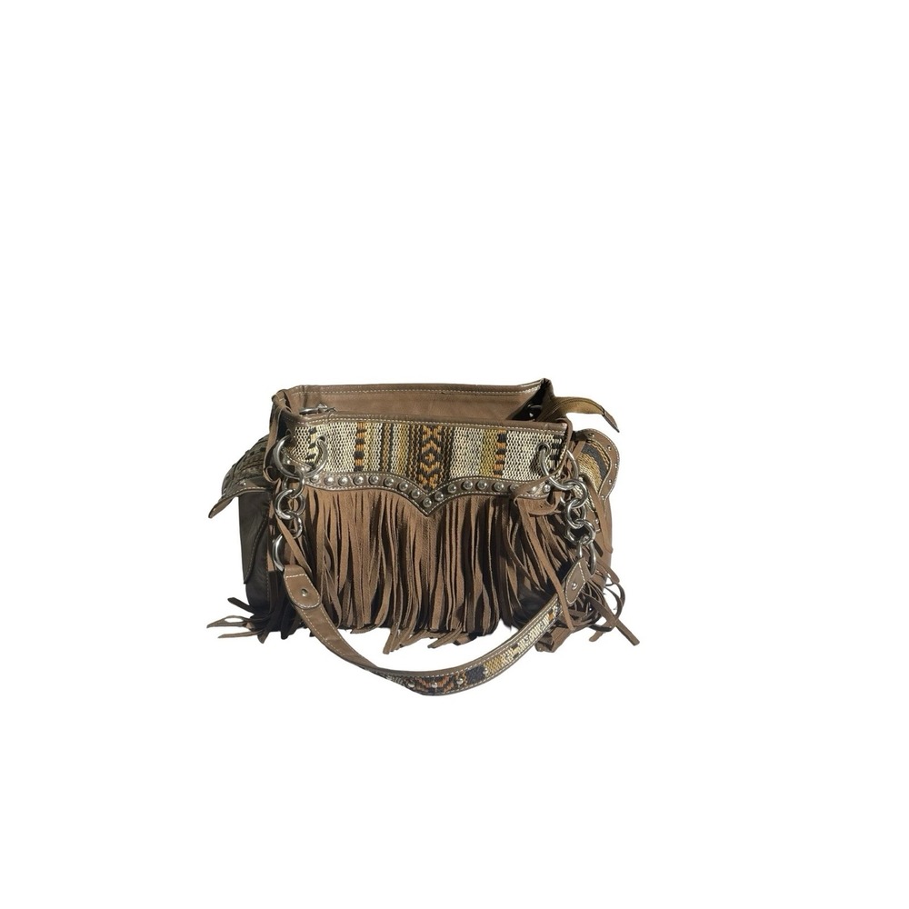 Blazin Roxx Western‎ Fringe Purse Brown Leather Shoulder Bag Aztec Studded Chain